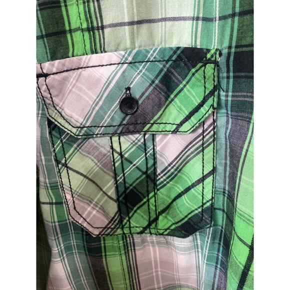 Green & Gray Plaid Button-Up Shirt Surplus XL Casual Long Sleeve Cotton Blend - Picture 3 of 6